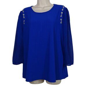 Love Scarlett Blue Blouse Women Size XL Sheer 3/4 Sleeve Silver Chain Accent